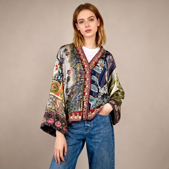 $650 NWOT Johnny Was Reversible Embroidered Silk Kimono Jacket Multi Size M - Picture 2 of 16